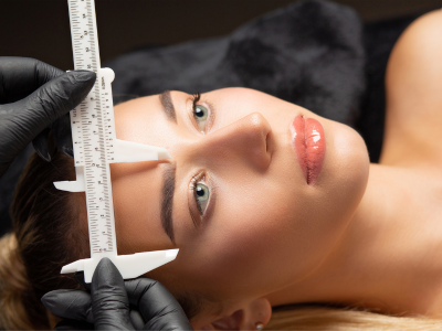 Imagem ilustrativa de um design de sobrancelhas sendo realizado por profissional, com pinça e escova de sobrancelha, em ambiente de estética bem iluminado.