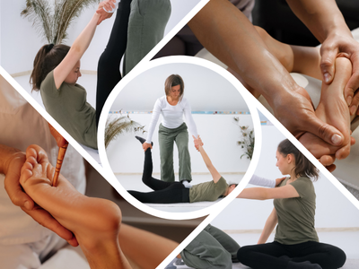 Imagem ilustrando uma sessão de Shiatsu e Reflexoterapia, com foco em técnicas manuais aplicadas nas costas e nos pés de um paciente.