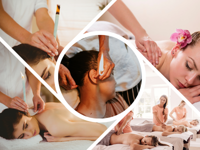 Colagem de imagens exibindo a aplicação da massagem relaxante e da terapia com cone chinês, representando as duas técnicas ensinadas no curso.